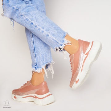 Pantofi Casual dama din Piele naturala cu talpa groasa CRL0037 ROZ - Img 3