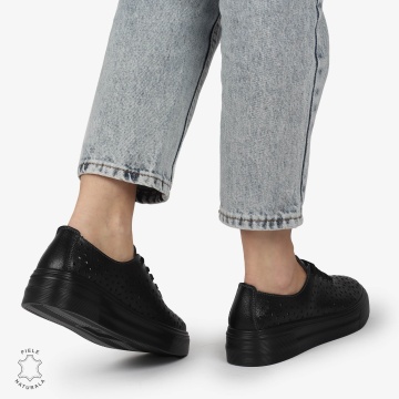 Pantofi Casual dama din Piele naturala PERFORATCU SIRET CRL1341 NEGRU - Img 3