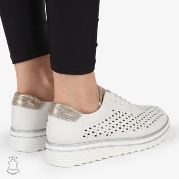 Pantofi Casual dama din piele naturala Perforati CRL0782 ALB - Img 3