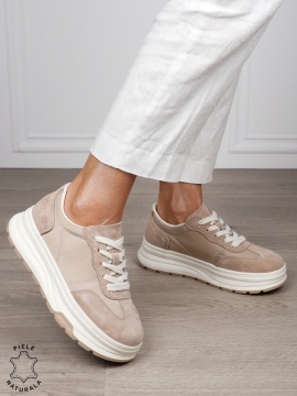 Pantofi Casual damă piele naturala intoarsa cu textil CRL1578 BEJ - Img 2