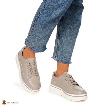 Pantofi Casual de dama din Piele naturala cu talpa groasa CRL1319 GRI - Img 2