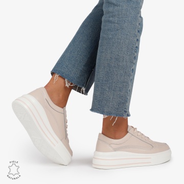 Pantofi Casual de dama din Piele Naturala cu talpa inalta si Dungi CRL1203 Roz - Img 3