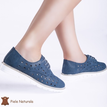 Pantofi Casual de dama perforati din Piele Naturala cu talpa joasa CRL0166 bleumarin - Img 2
