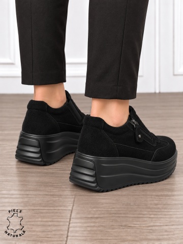Pantofi casual din piele naturală întoarsă cu inchidere fermoar CRL1919 Negru - Img 2