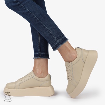 Pantofi casual piele naturala cu talpa inalta CRL881 BEJ - Img 2