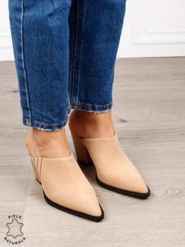 Pantofi dama eleganti cu toc gros si varf ascutit din piele naturala intoarsa CRL1609 BEJ - Img 3