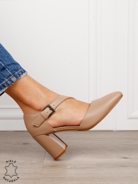 Pantofi dama eleganti din piele naturala cu bareta si toc gros CRL1634 Khaki - Img 2