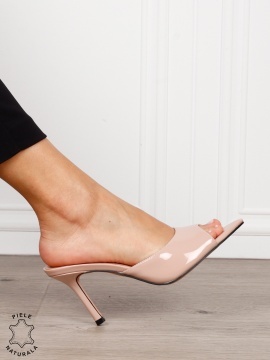Pantofi dama eleganti din piele naturala lacuita cu varf decupat CRL1632 BEJ - Img 2