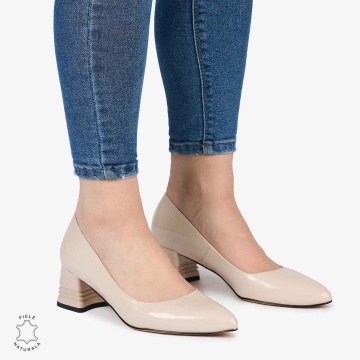 Pantofi Eleganți dama din Piele Naturala LACUITA CU TOC MIC CRL0982 bej - Img 2