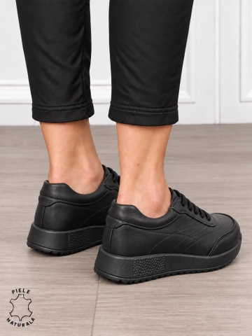 Pantofi sport damă din piele naturală cu cataramă decorativă în partea frontală CRL1895 NEGRU - Img 3