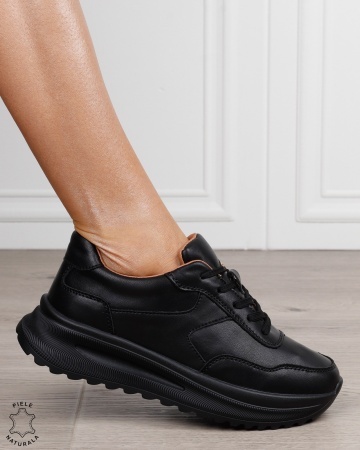 Pantofi sport damă din piele naturală cu talpă înaltă CRL1864 NEGRU - Img 2
