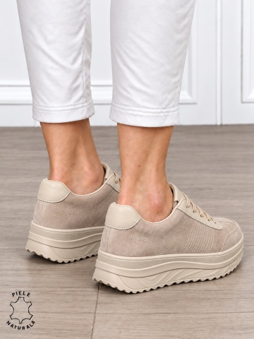 Pantofi sport damă din piele naturală întoarsă cu design casual CRL1894 BEJ - Img 3