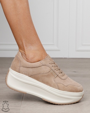 Pantofi sport damă din piele naturală întoarsă cu talpă înaltă CRL1862 KHAKI - Img 2
