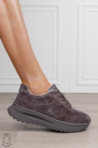 Pantofi sport damă din piele naturală Intoarsa cu talpă înaltă CRL1864 GRI - Img 2