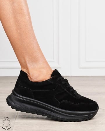 Pantofi sport damă din piele naturală Intoarsa cu talpă înaltă CRL1864 NEGRU - Img 2