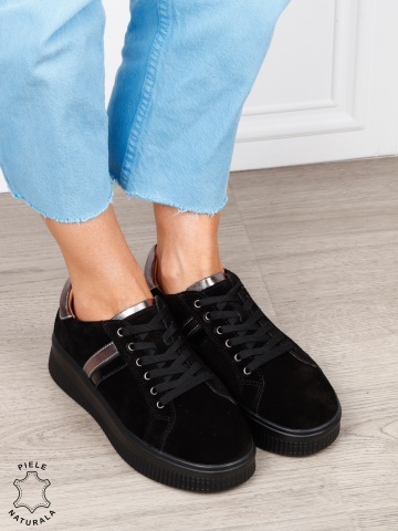 Pantofi sport din piele naturală intoarsa cu finisaje premium CRL1811 NEGRU SUEDE - Img 2