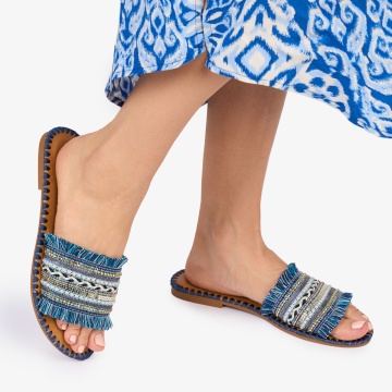 PAPUCI dama Piele ECOLOGICA CU strasuri stil Mexican CRL1013 Culoare: ALBASTRU - Img 3