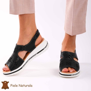 Sandale dama din Piele Naturala cu talpa Inalta CRL0195 NEGRU - Img 3