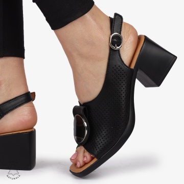SANDALE dama din Piele Naturala PERFORATA CU TOC PATRAT SI CATARAMA CRL1370 NEGRU - Img 2