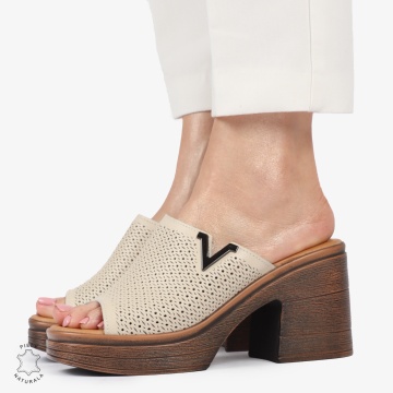 Sandale elegante din piele naturală CU TOC GROS SI INALT CRL1405 BEJ - Img 2