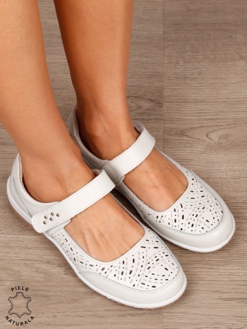 Balerini dama din Piele Naturala cu inchidere velcro CRL1548 ALB - Img 2