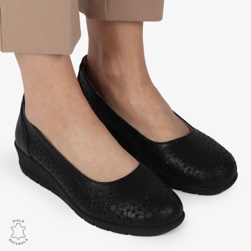 Balerini dama din Piele Naturala cu talpa groasa si Perforati CRL01381NEGRU - Img 3