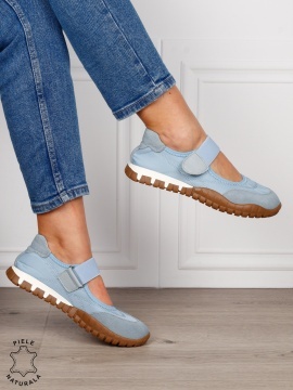 Balerini damă din piele naturală întoarsă și material textil, cu branț din piele naturală CRL1562 ALBASTRU - Img 2