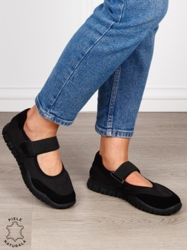 Balerini damă din piele naturală întoarsă și material textil, cu branț din piele naturală CRL1562 NEGRU - Img 3