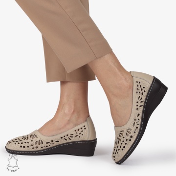 BALERINI dama din Piele naturala PERFORATA SLIP-ON CU TOC MIC CRL1362 BEJ - Img 2