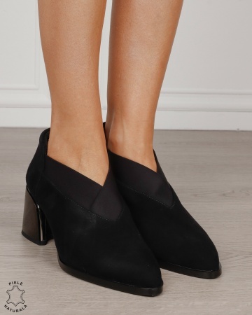 Botine damă din piele naturală întoarsă cu bandă elastică și toc gros CRL1886 NEGRU - Img 2