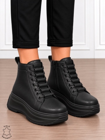 Ghete damă din piele naturală cu design modern și închidere dublă CRL1905 NEGRU