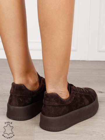 Pantofi casual damă din piele întoarsă naturală cu detaliu decorativ frontal CRL1820 CAFENIU - Img 3