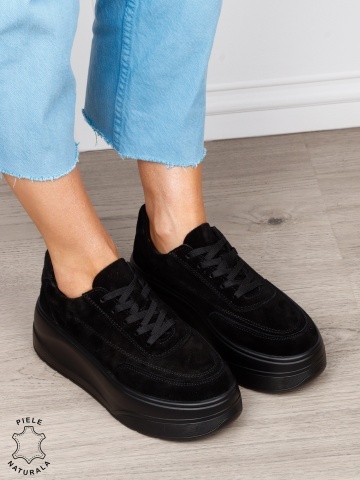 Pantofi casual damă din piele întoarsă naturală cu siret CRL1822 NEGRU - Img 2