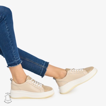 Pantofi Casual DAMA din PIELE Naturala CRL0947 CULOARE: BEJ SI AURIU - Img 2