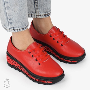 Pantofi Casual dama din Piele naturala CU DESIGN PE TALPA SIRET CRL1345 ROSU - Img 2