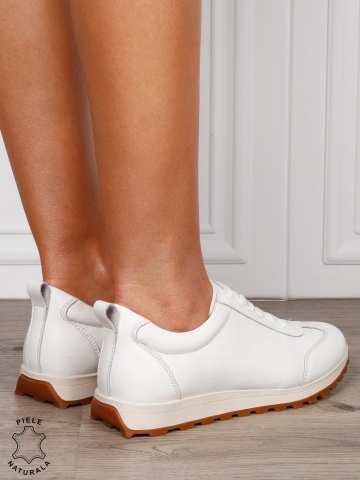 Pantofi Casual Damă din Piele Naturală cu Șiret și Talpă Comfort CRL1302 ALB - Img 4