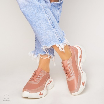 Pantofi Casual dama din Piele naturala cu talpa groasa CRL0037 ROZ - Img 2