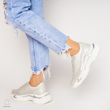 Pantofi Casual dama din Piele naturala cu talpa groasa CRL0037 ARGINTIU - Img 3