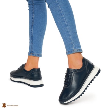 Pantofi Casual dama din Piele naturala cu talpa groasa CRL0048 BLEUMARIN - Img 3