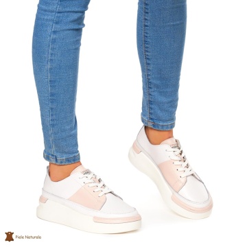 Pantofi Casual dama din Piele naturala cu talpa groasa CRL0056 ALB CU ROZ - Img 3
