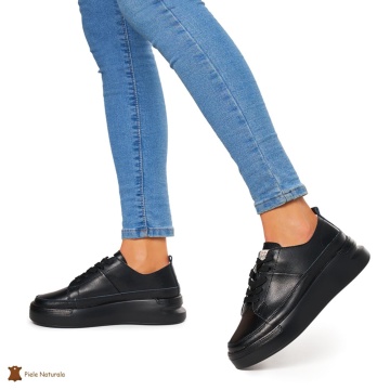 Pantofi Casual dama din Piele naturala cu talpa groasa CRL0056 NEGRU - Img 2