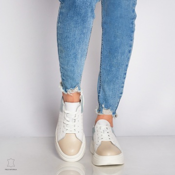 Pantofi Casual dama din Piele naturala cu talpa groasa Multicolor CRL0040ALB CU ALBASTRU - Img 2