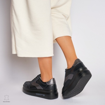 Pantofi Casual dama din Piele naturala cu talpa plata Multicolor CRL0041 Negru - Img 3