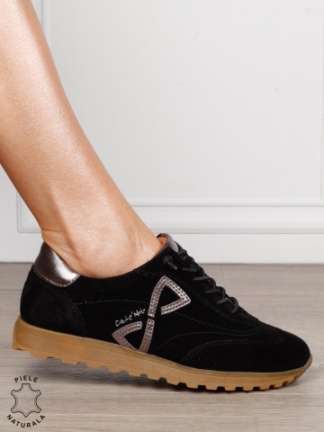 Pantofi Casual Damă din Piele Naturală Întoarsă cu Accente Elegante și Șiret CRL1804 NEGRU - Img 2