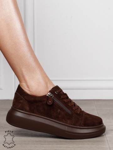 Pantofi Casual Damă din Piele Naturală intoarsa cu Fermoar Lateral CRL1801 CAFENIU - Img 2