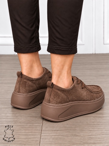 Pantofi casual damă din piele naturală întoarsă cu talpa confortabilă CRL1917 CAFENIU - Img 3