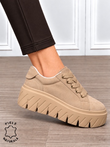 Pantofi casual damă din piele naturală Intoarsa cu talpă Speciala inalta CRL1913 KHAKI - Img 2