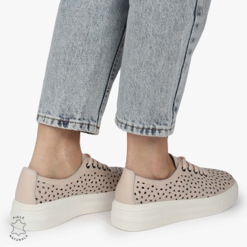 Pantofi Casual dama din Piele naturala PERFORAT USORI CU SIRET CRL1341 ROZ - Img 4