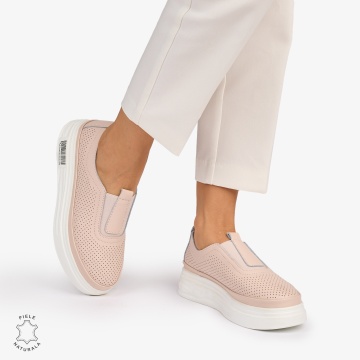 Pantofi Casual dama din Piele Naturala Perforata cu elastic frontal CRL1068 CULOARE: ROZ