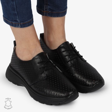 PANTOFI CASUAL dama din Piele naturala Perforata cu Siret CRL1354 NEGRU - Img 3